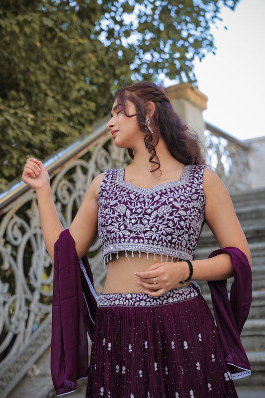 Plum Elegance Embroidered Lehenga Set by Elira