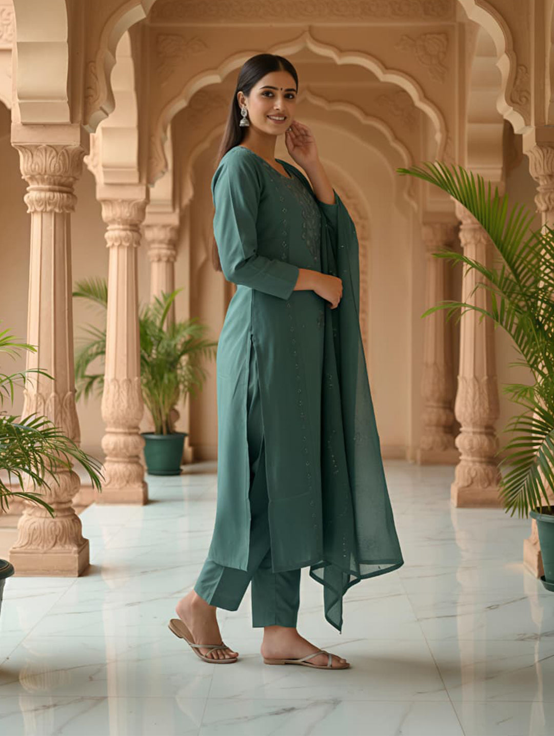 Green Embroidered Cotton Kurta Set with Dupatta for Women | Festive & Party Wear | ELIRA