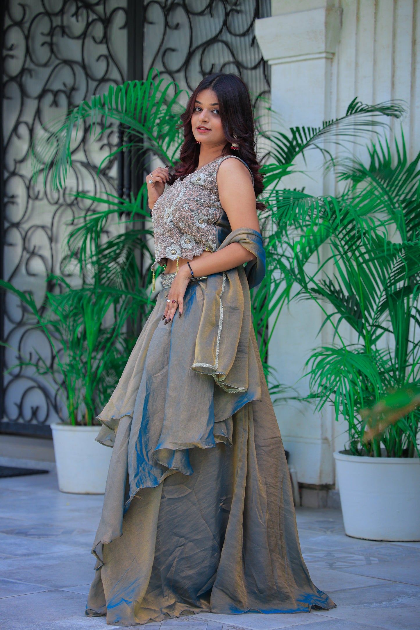 Golden Mist Layered Lehenga Set by Elira