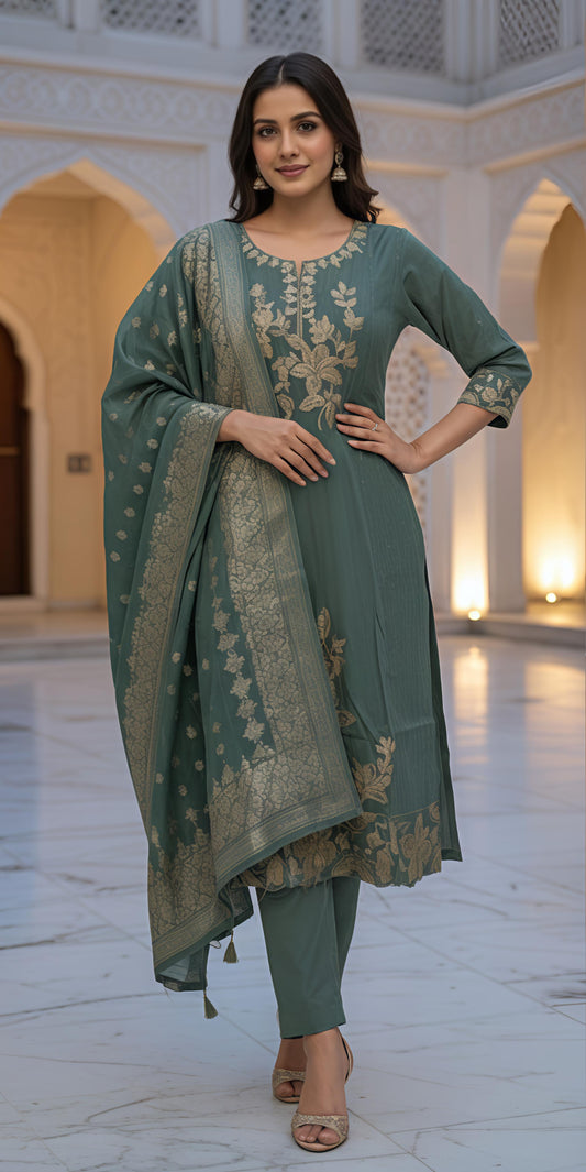 Mehreen Grace - Sage Green Embroidered Suit Set