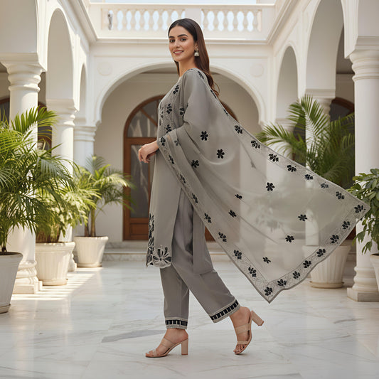 Elegant Grey Embroidered 3-Piece Suit