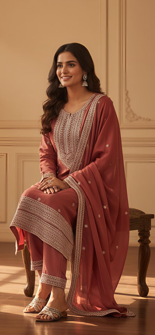 Rust Elegance - Embroidered Cotton Kurta Set