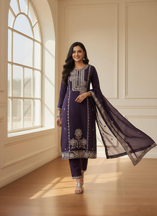 Royal Purple Embroidered 3-Piece Suit