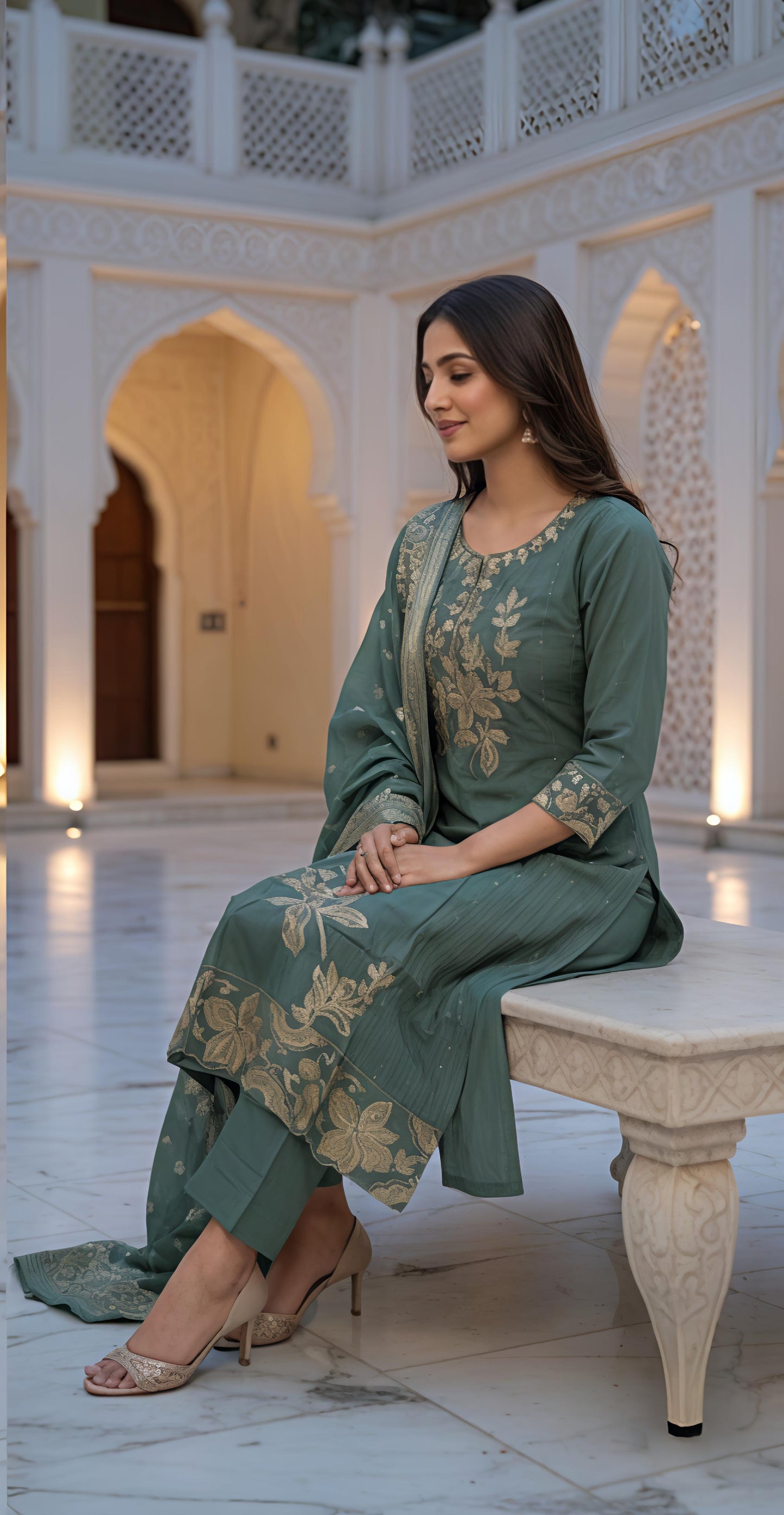 Mehreen Grace - Sage Green Embroidered Suit Set