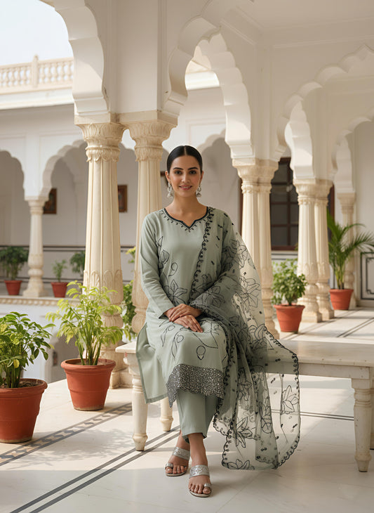 Pistachio Green Embroidered Kurta Set with Dupatta