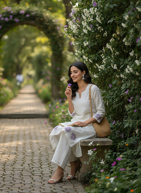 White Cotton Kurta Set with Lavender Floral Embroidery