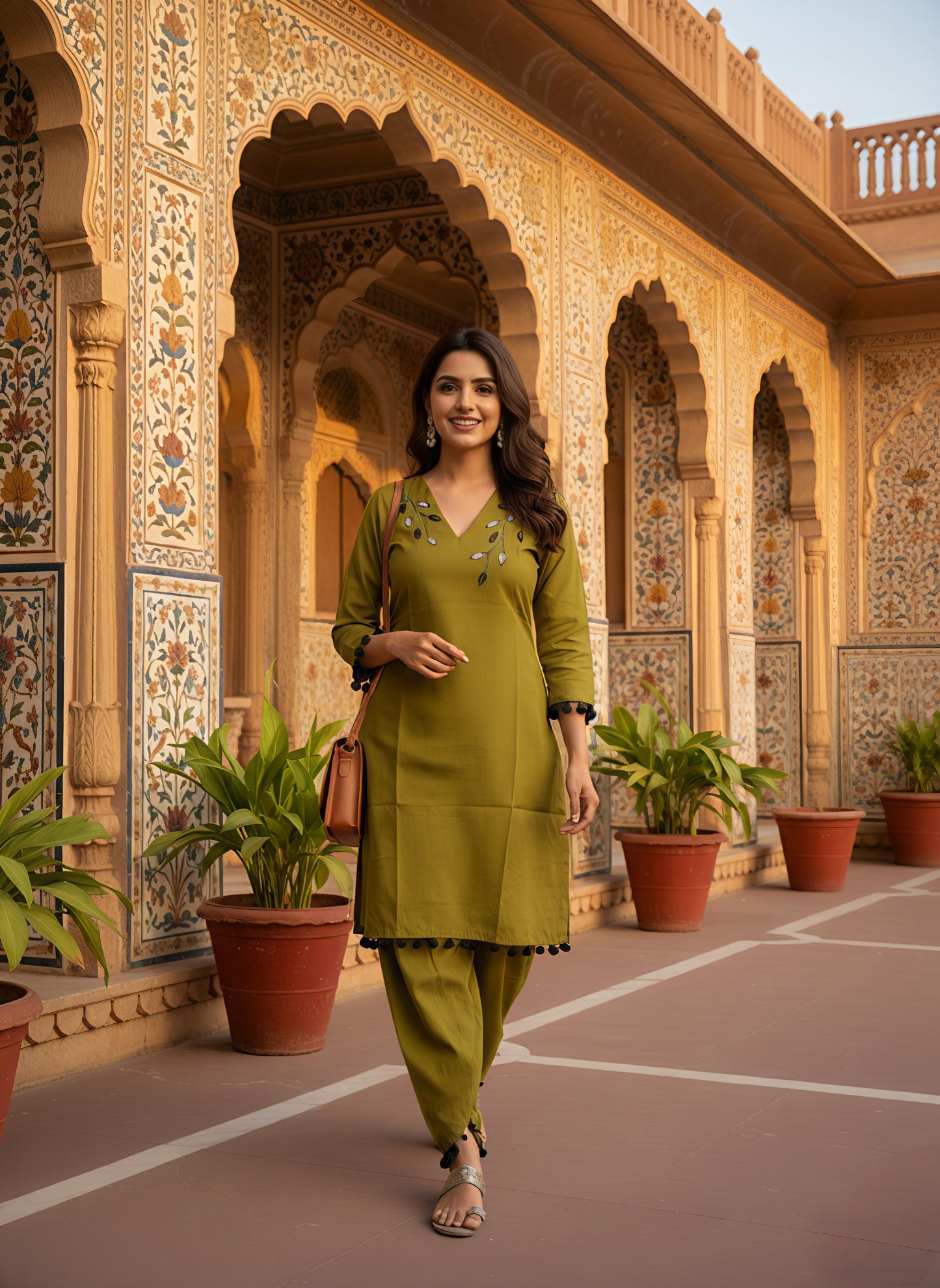 Olive Green Kurta Set with Leaf Embroidery and Pom-Pom Trim