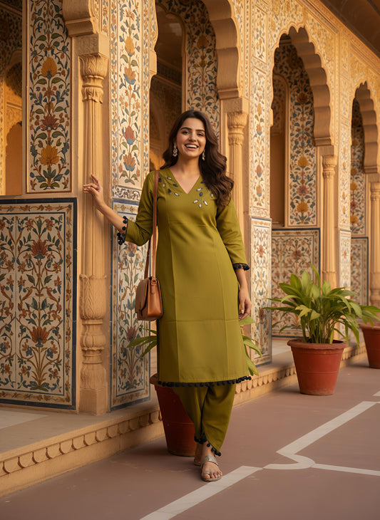 Olive Green Kurta Set with Leaf Embroidery and Pom-Pom Trim