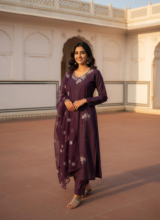 Aubergine/Wine Kurta Set with Silver Floral Embroidery and Sheer Dupatta