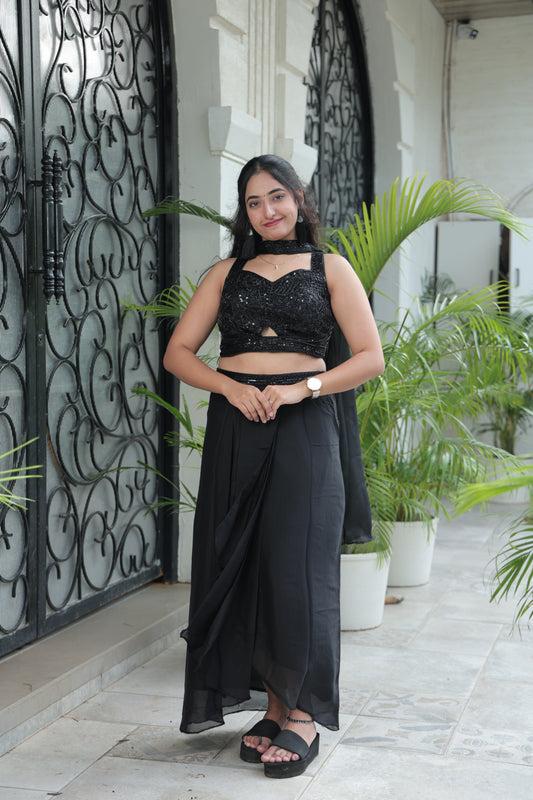 Elegant Black Embellished Crop Top & Skirt Set