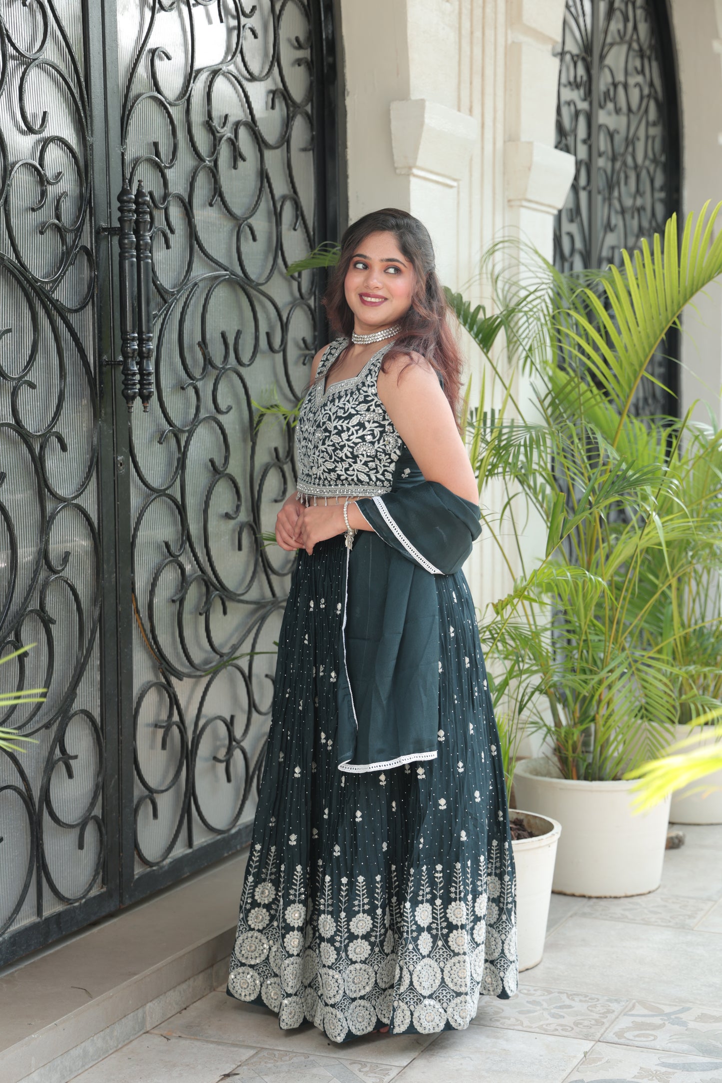 Dark Teal/Emerald Lehenga Set with Heavy Silver Zari and Sequin Work