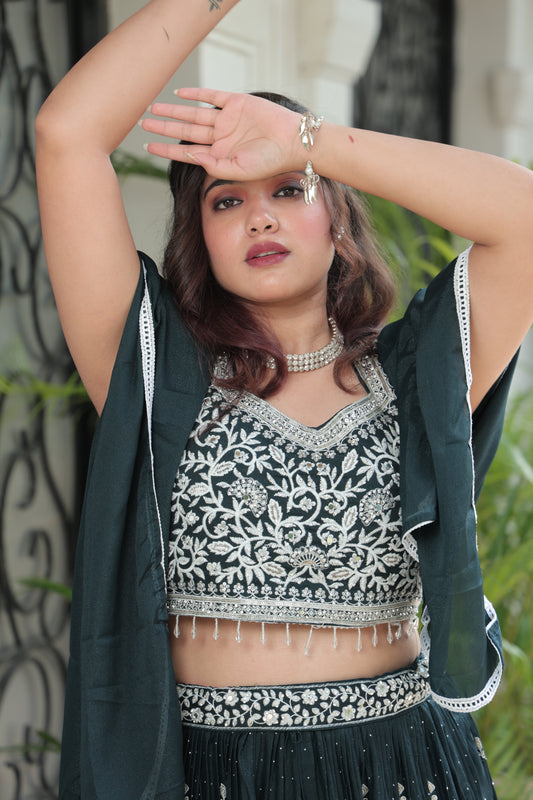 Dark Teal/Emerald Lehenga Set with Heavy Silver Zari and Sequin Work