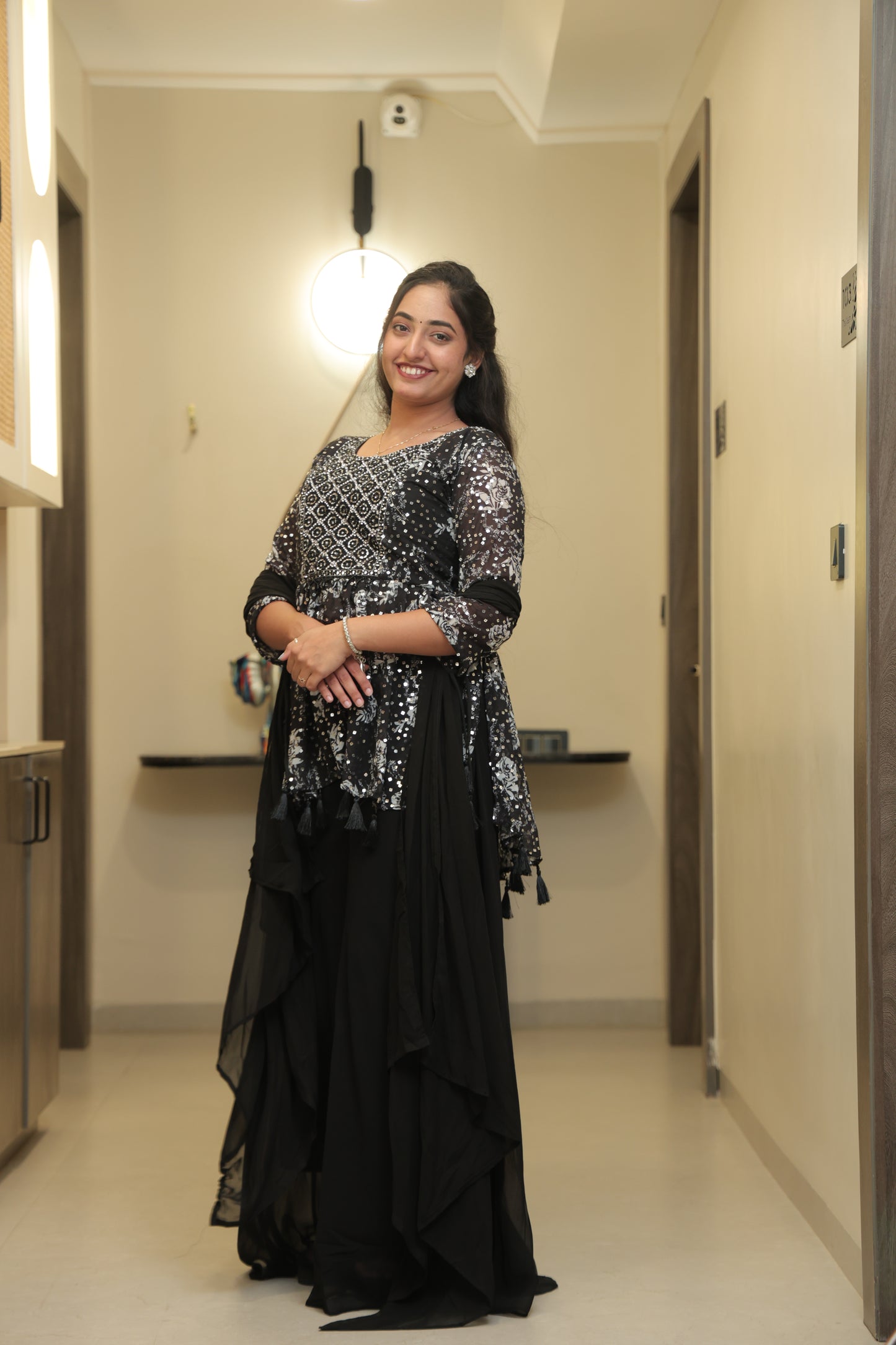 Black Floral Mirror Work Anarkali Kurta Set