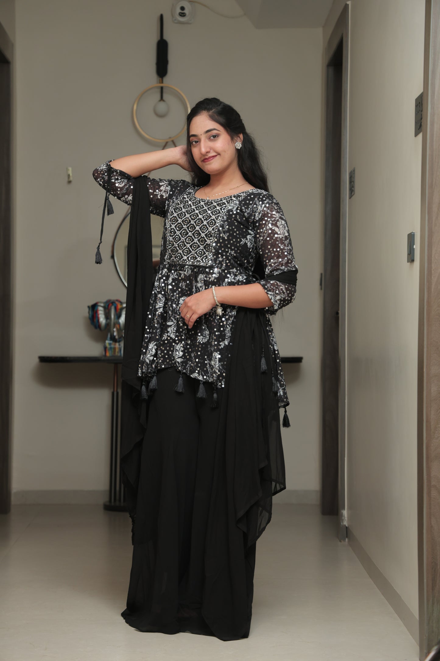 Black Floral Mirror Work Anarkali Kurta Set