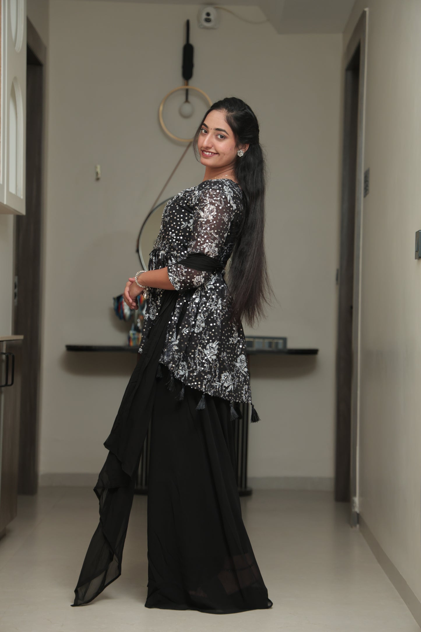 Black Floral Mirror Work Anarkali Kurta Set