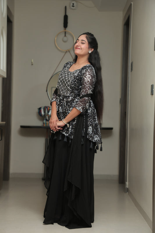 Black Floral Mirror Work Anarkali Kurta Set