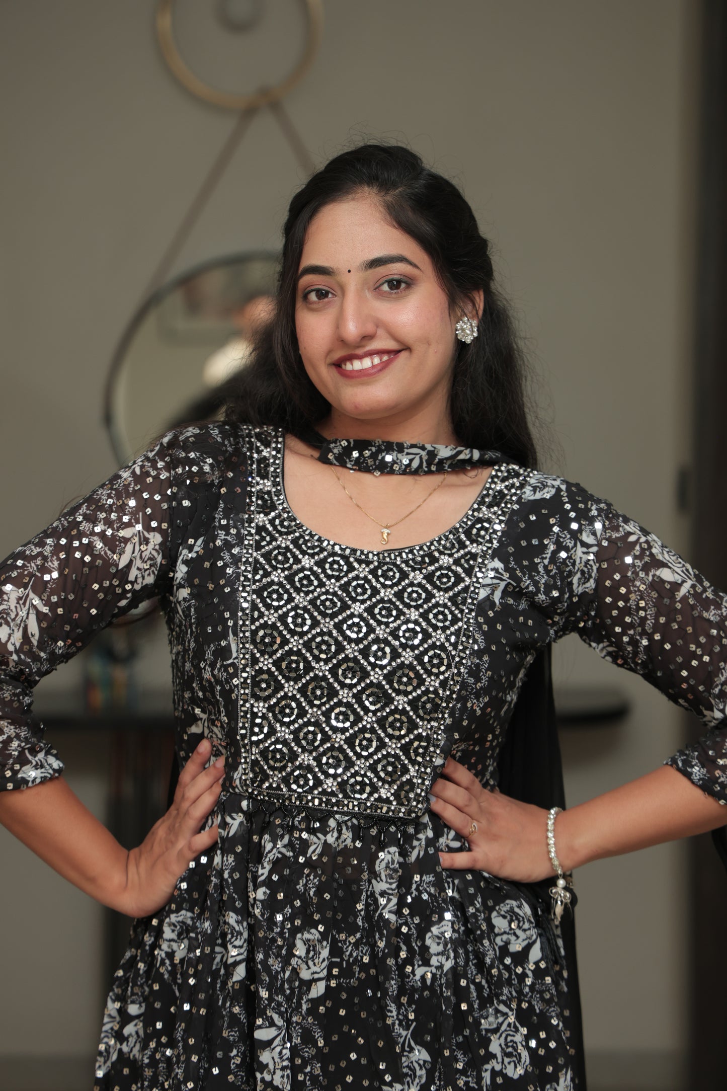 Black Floral Mirror Work Anarkali Kurta Set