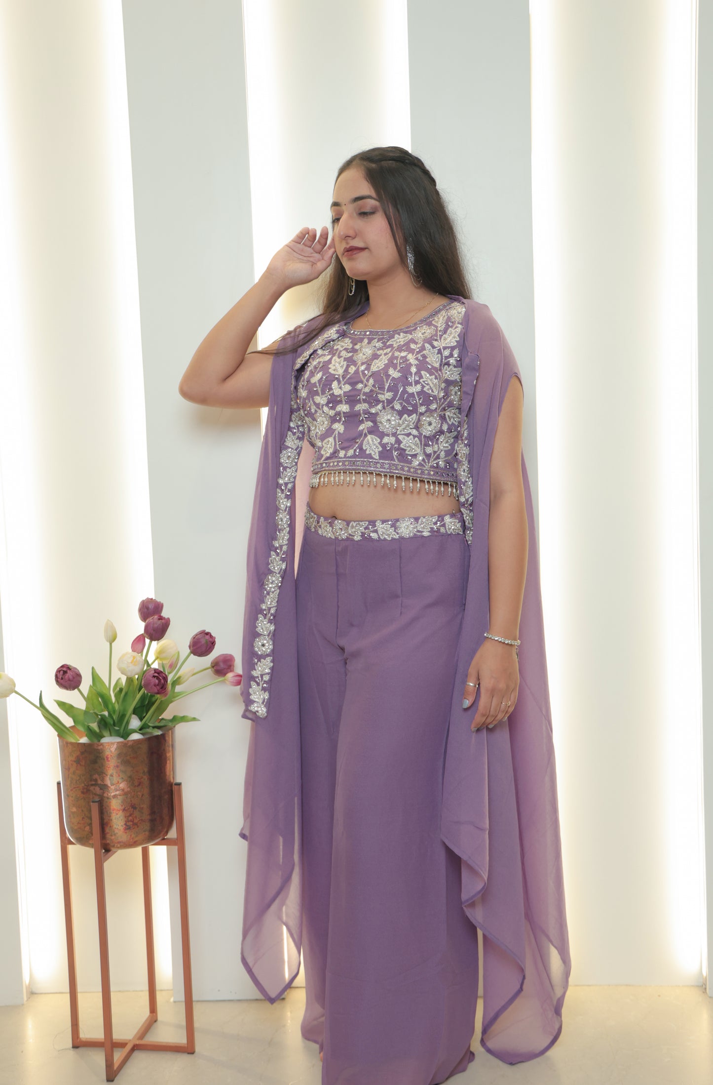 Lavender Embroidered Cape-Style Co-Ord Set