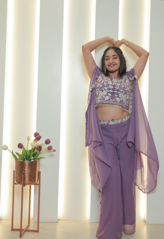 Lavender Embroidered Cape-Style Co-Ord Set