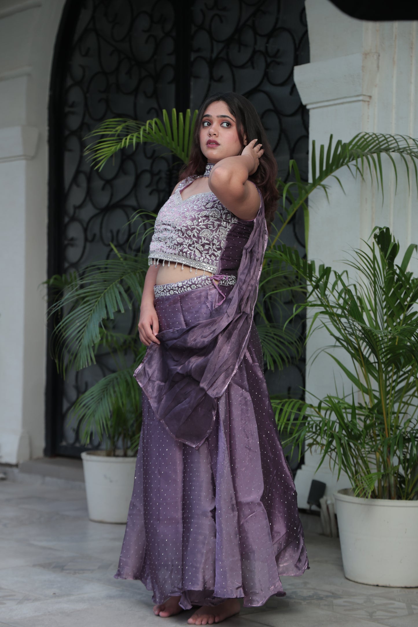 Purple Embroidered Silk Crop Top Lehenga Set