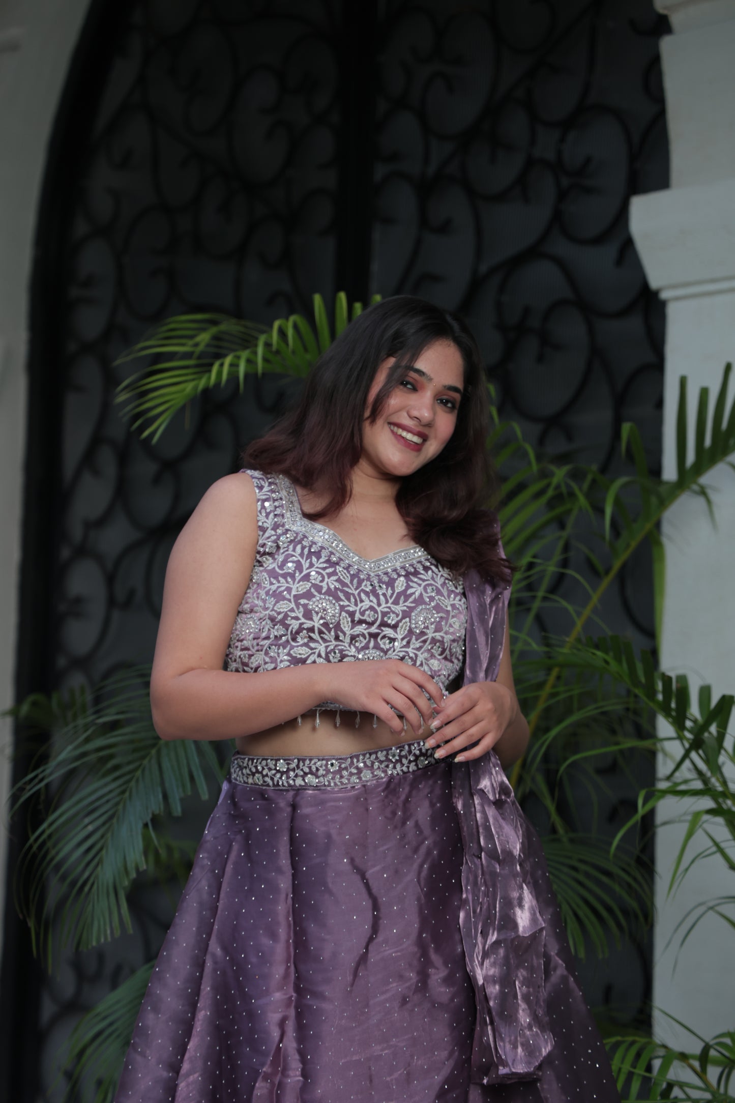 Purple Embroidered Silk Crop Top Lehenga Set