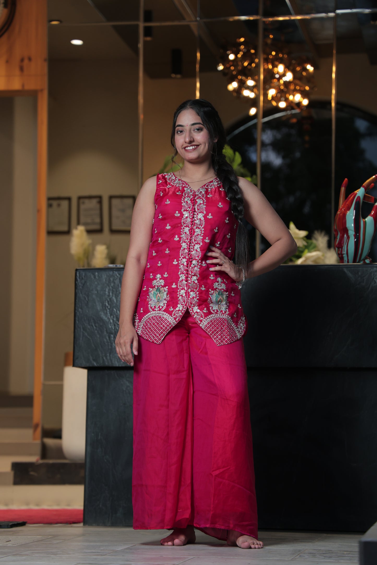 The Fuschia Embroidered Sleeveless Kurti and Palazzo Set