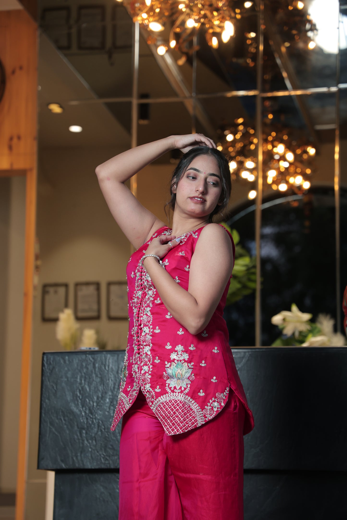 The Fuschia Embroidered Sleeveless Kurti and Palazzo Set