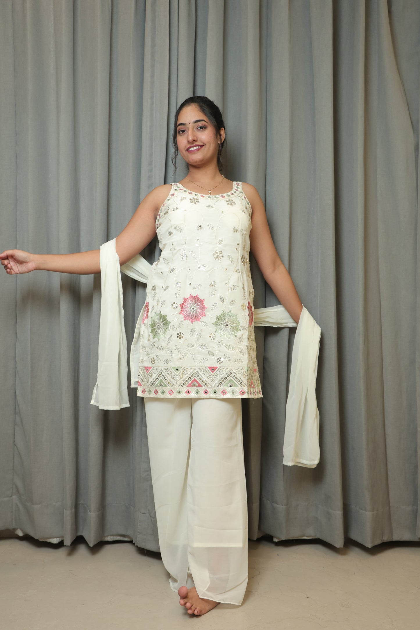 Ivory Floral Embroidered Palazzo Suit Set