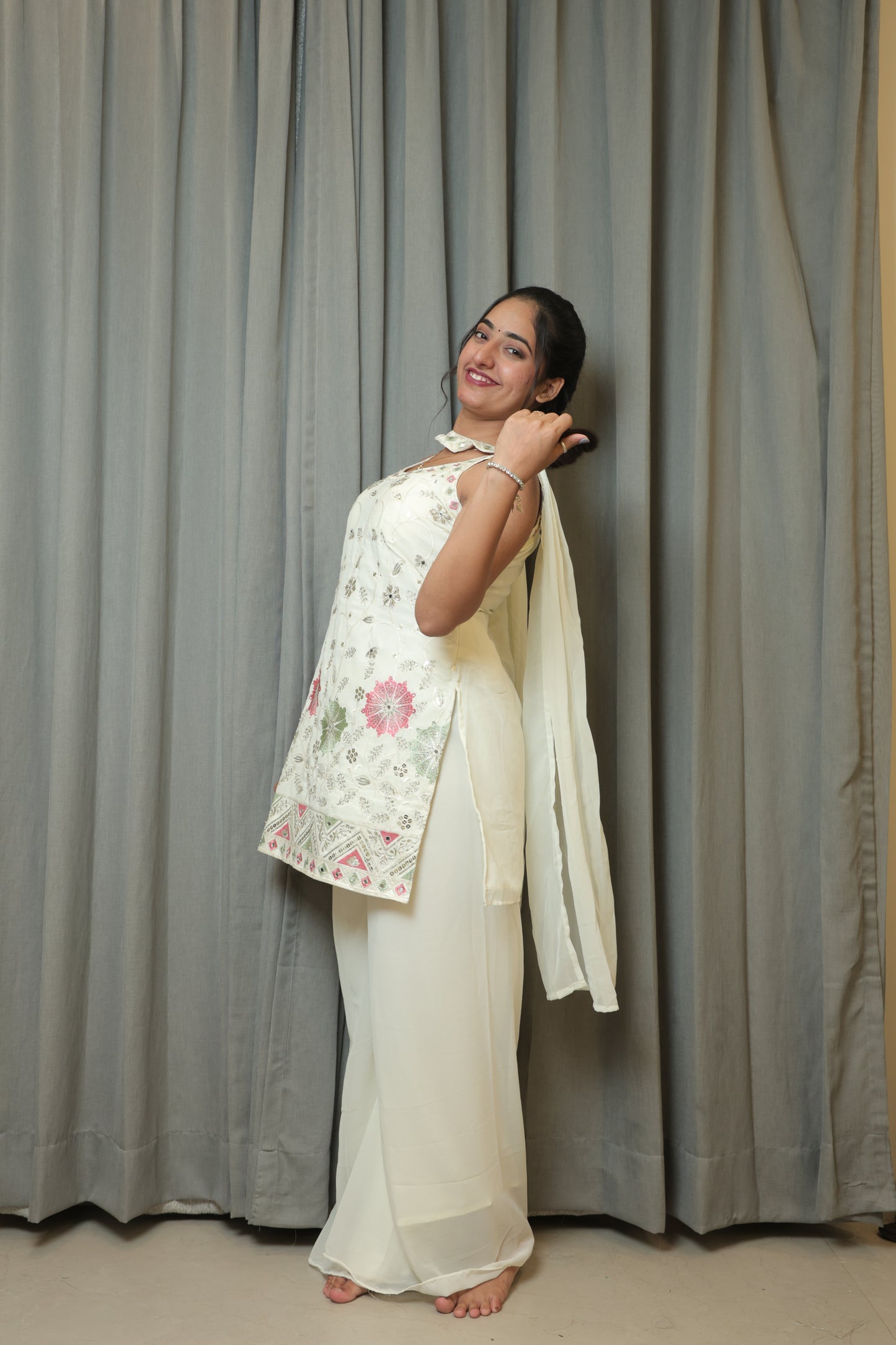 Ivory Floral Embroidered Palazzo Suit Set