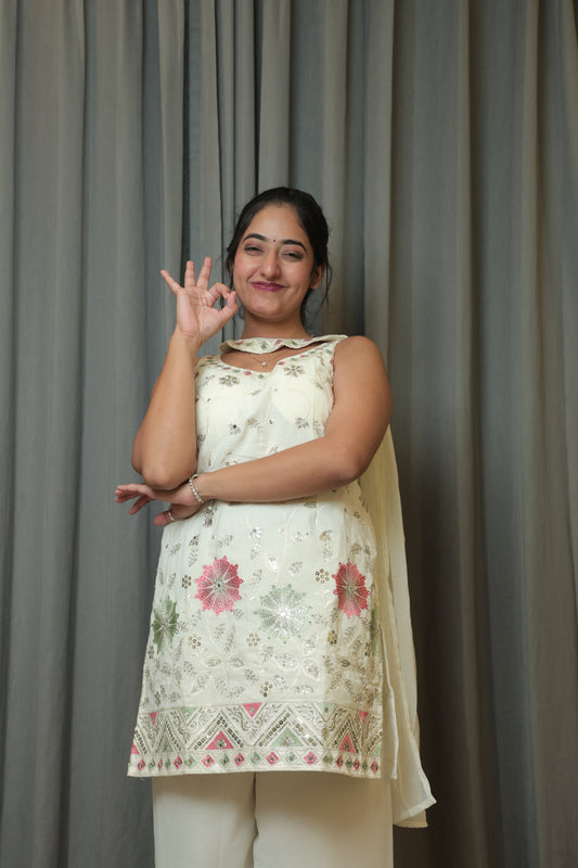 Ivory Floral Embroidered Palazzo Suit Set