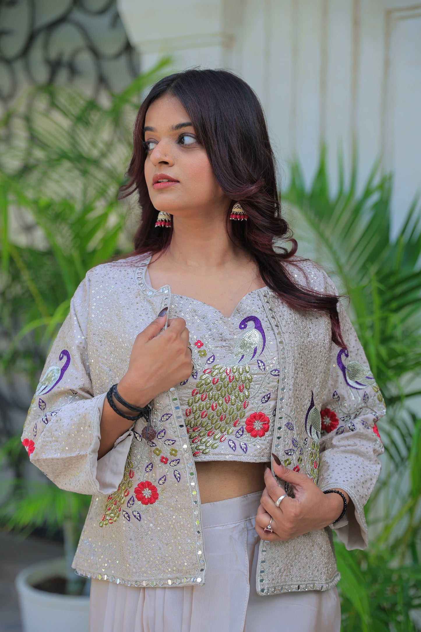 Vibrent Peacock Hand-Embroidered Indo-Western Fusion Set