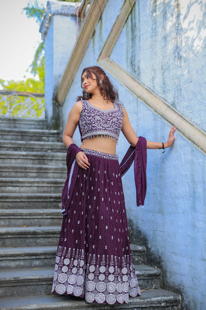 Plum Elegance Embroidered Lehenga Set by Elira