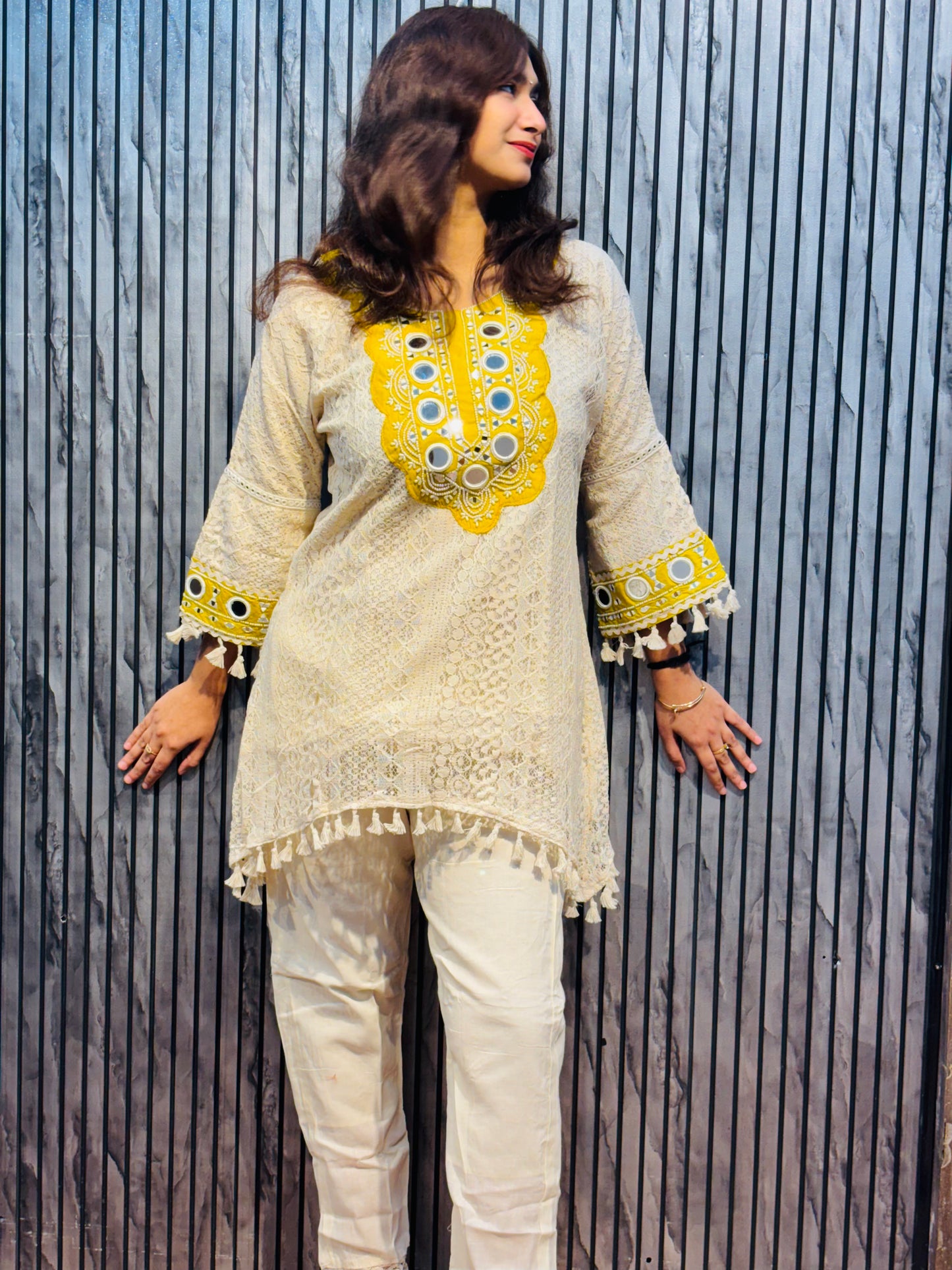 Elira Ivory Mirror Lace Kurta & Pant Set