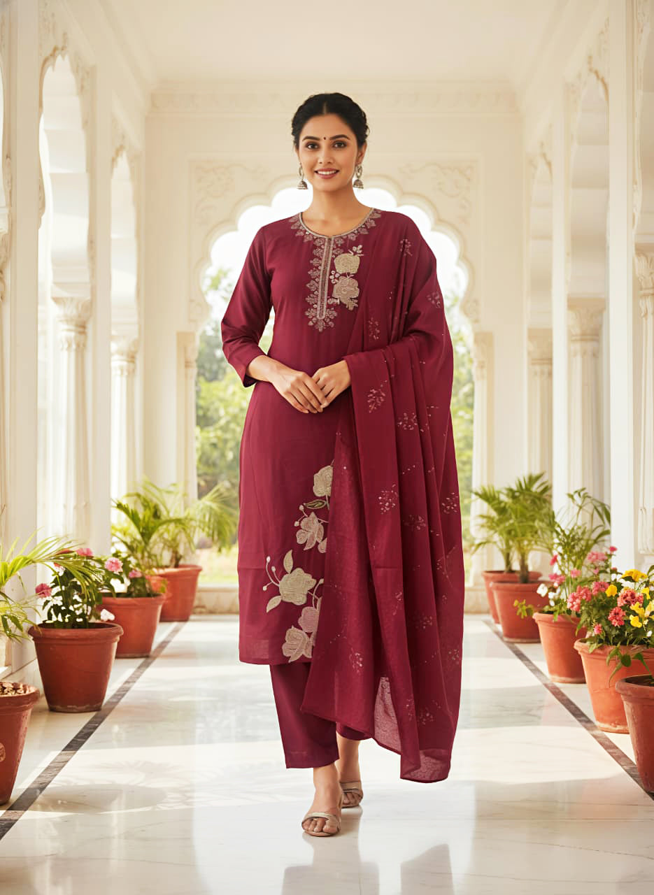 Maroon Embroidered Cotton Kurta Set with Dupatta for Women by ELIRA