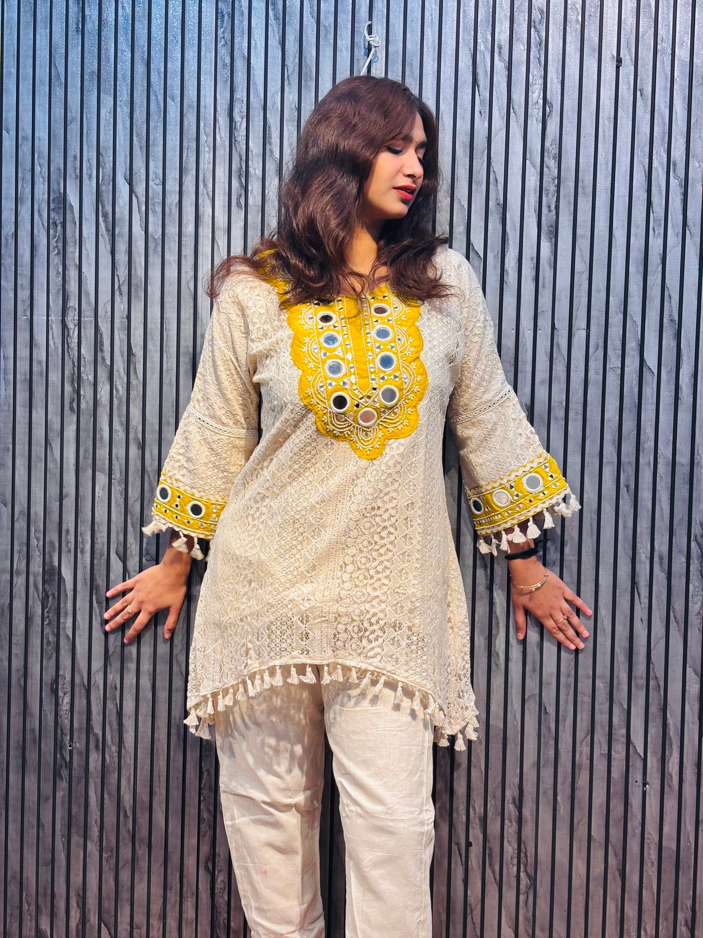 Elira Ivory Mirror Lace Kurta & Pant Set