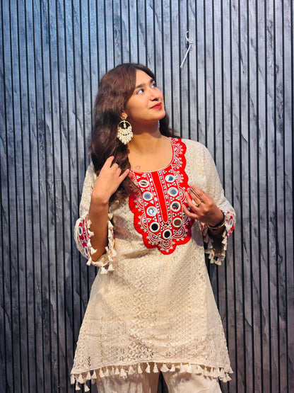 Elira Ivory Mirror Lace Kurta & Pant Set