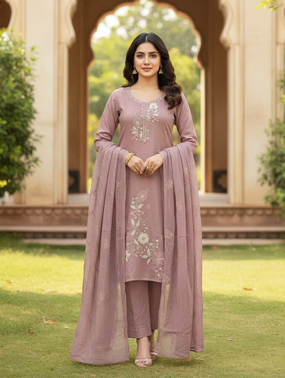 Mauve Embroidered Cotton Kurta Set with Dupatta for Women | Festive & Party Wear | ELIRAS