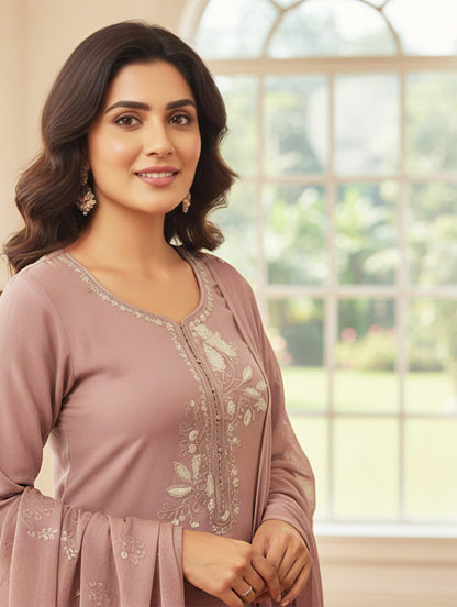 Mauve Embroidered Cotton Kurta Set with Dupatta for Women | Festive & Party Wear | ELIRAS