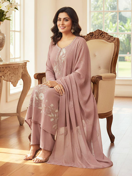 Mauve Embroidered Cotton Kurta Set with Dupatta for Women | Festive & Party Wear | ELIRAS