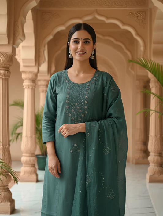 Green Embroidered Cotton Kurta Set with Dupatta for Women | Festive & Party Wear | ELIRA