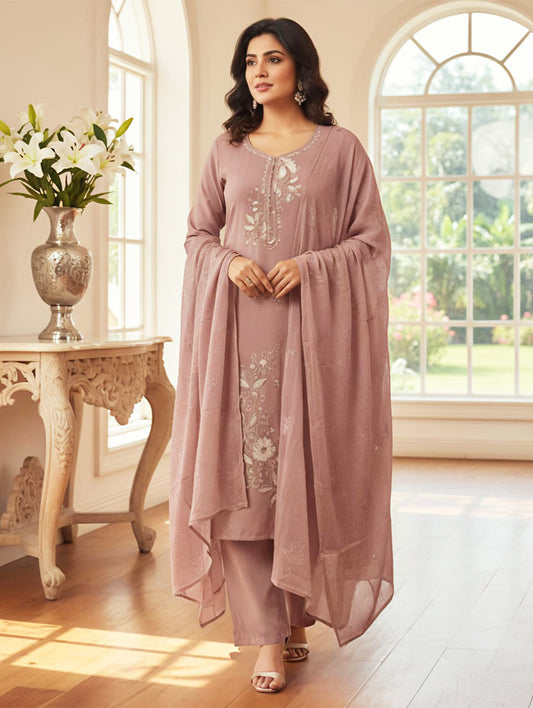 Mauve Embroidered Cotton Kurta Set with Dupatta for Women | Festive & Party Wear | ELIRAS