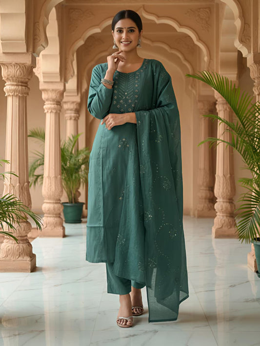 Green Embroidered Cotton Kurta Set with Dupatta for Women | Festive & Party Wear | ELIRA