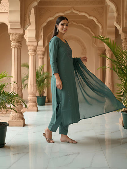 Green Embroidered Cotton Kurta Set with Dupatta for Women | Festive & Party Wear | ELIRA