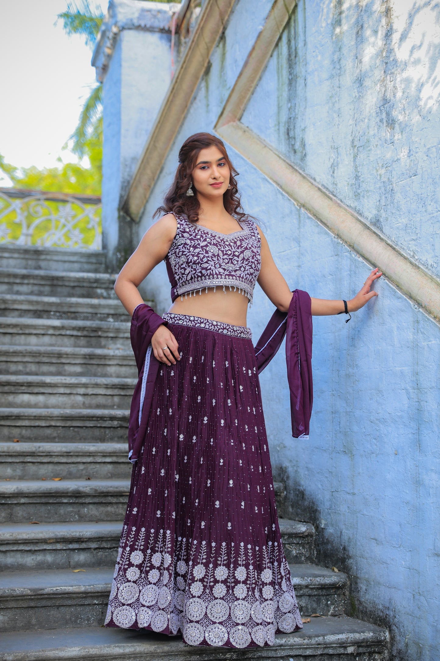 Plum Elegance Embroidered Lehenga Set by Elira
