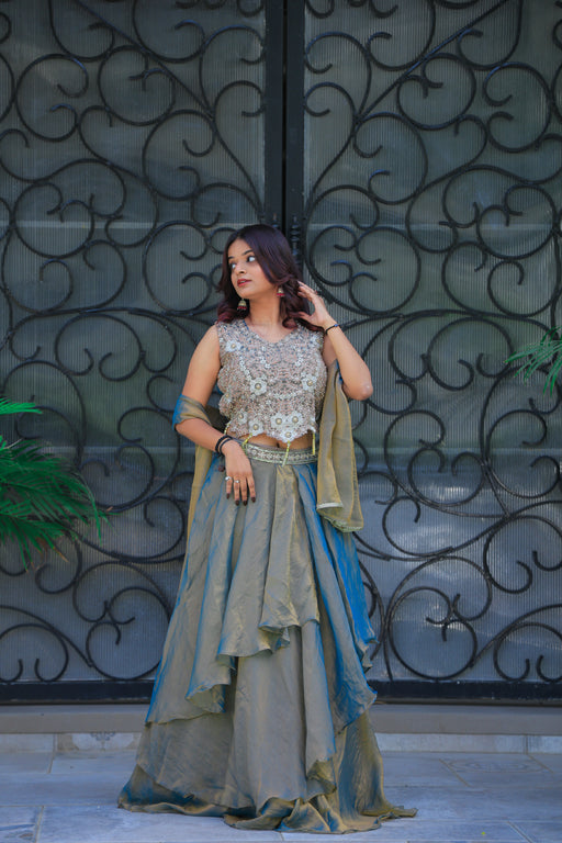Golden Mist Layered Lehenga Set by Elira