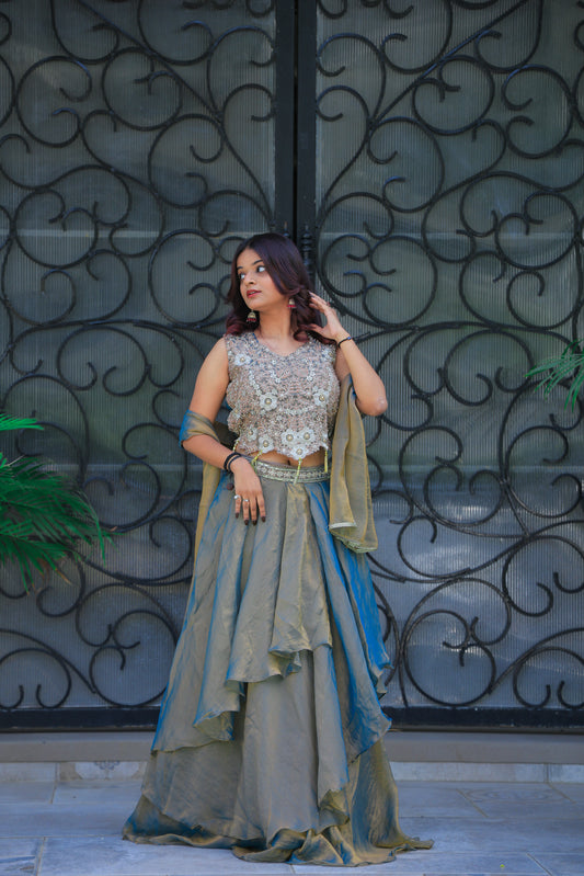 Golden Mist Layered Lehenga Set by Elira
