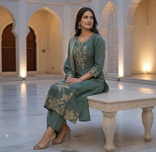 Mehreen Grace - Sage Green Embroidered Suit Set
