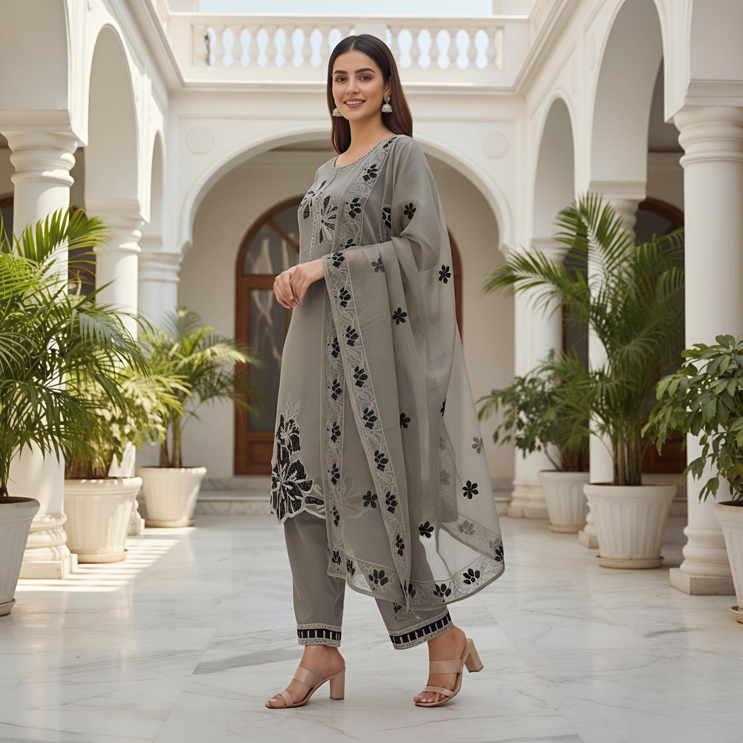 Elegant Grey Embroidered 3-Piece Suit