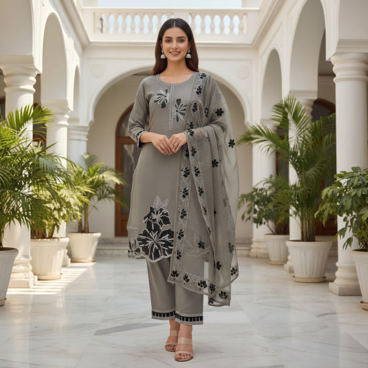 Elegant Grey Embroidered 3-Piece Suit