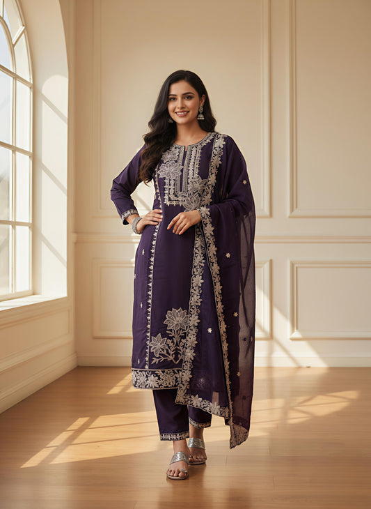 Royal Purple Embroidered 3-Piece Suit